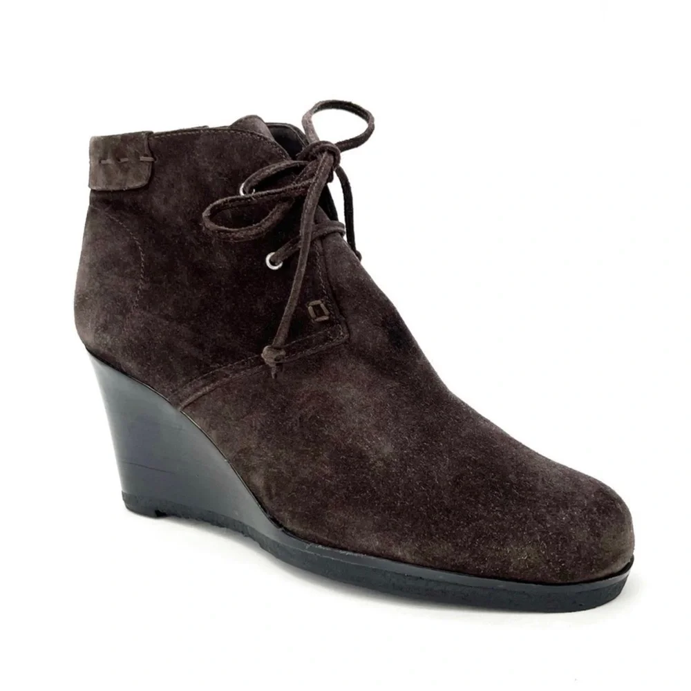 Via Spiga Mirren Ankle Boots Olive Brown Suede Wedge Heel Laced Women’s Size 8.5